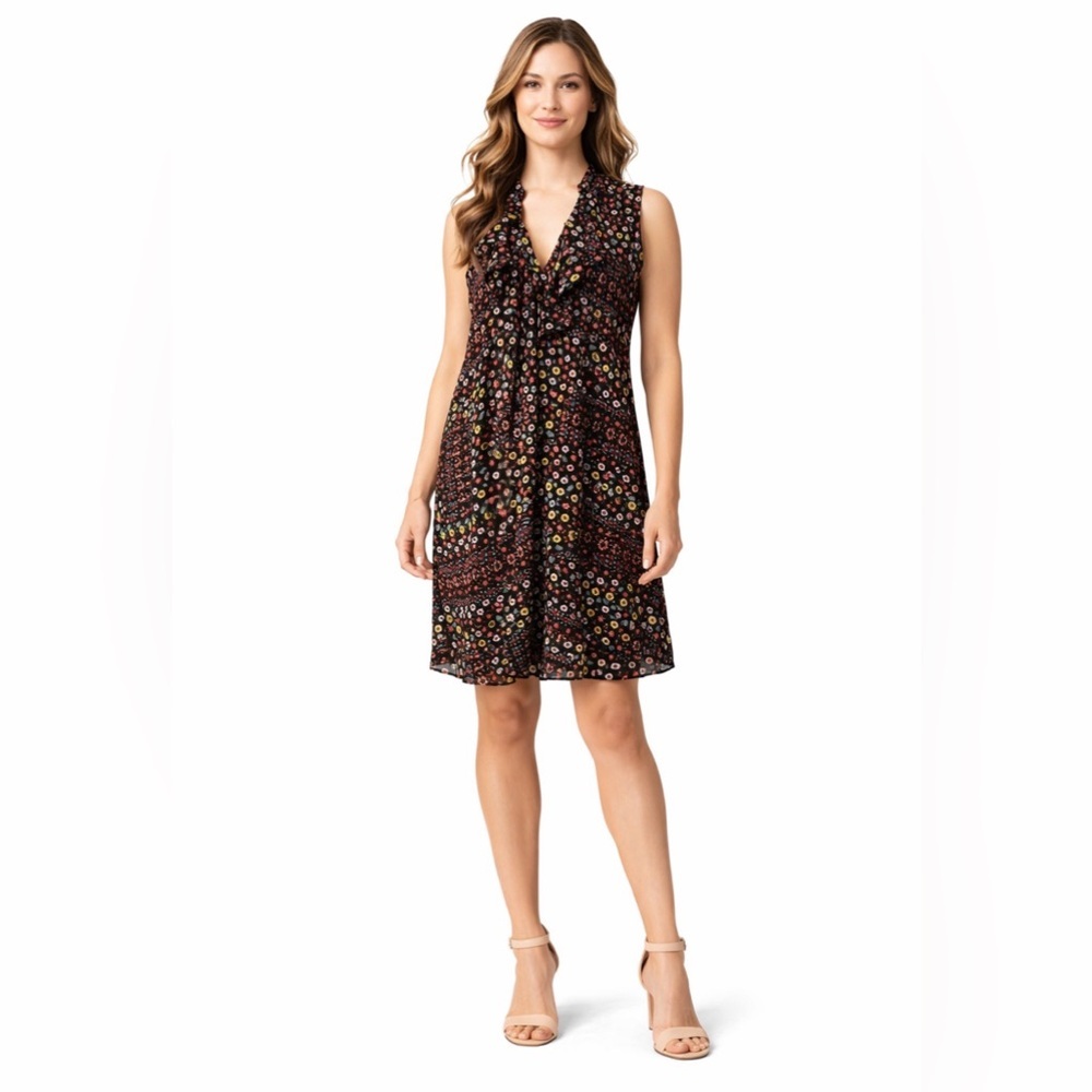 BCBGMaxAzria Dress L Large Black Floral Washable Tiny Ditsy Floral Career Church